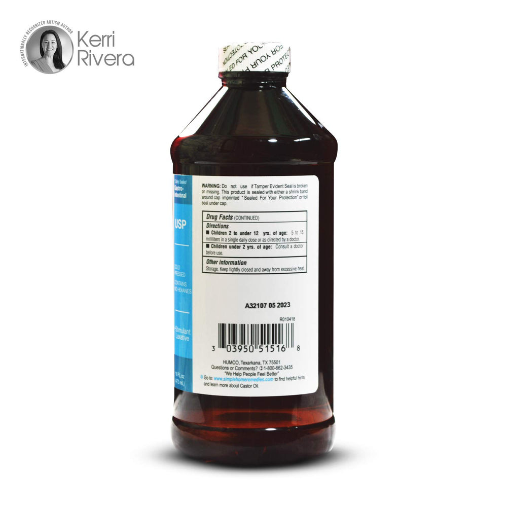 Humco Castor Oil pour demonstrates convenient dosing for skin and hair care.