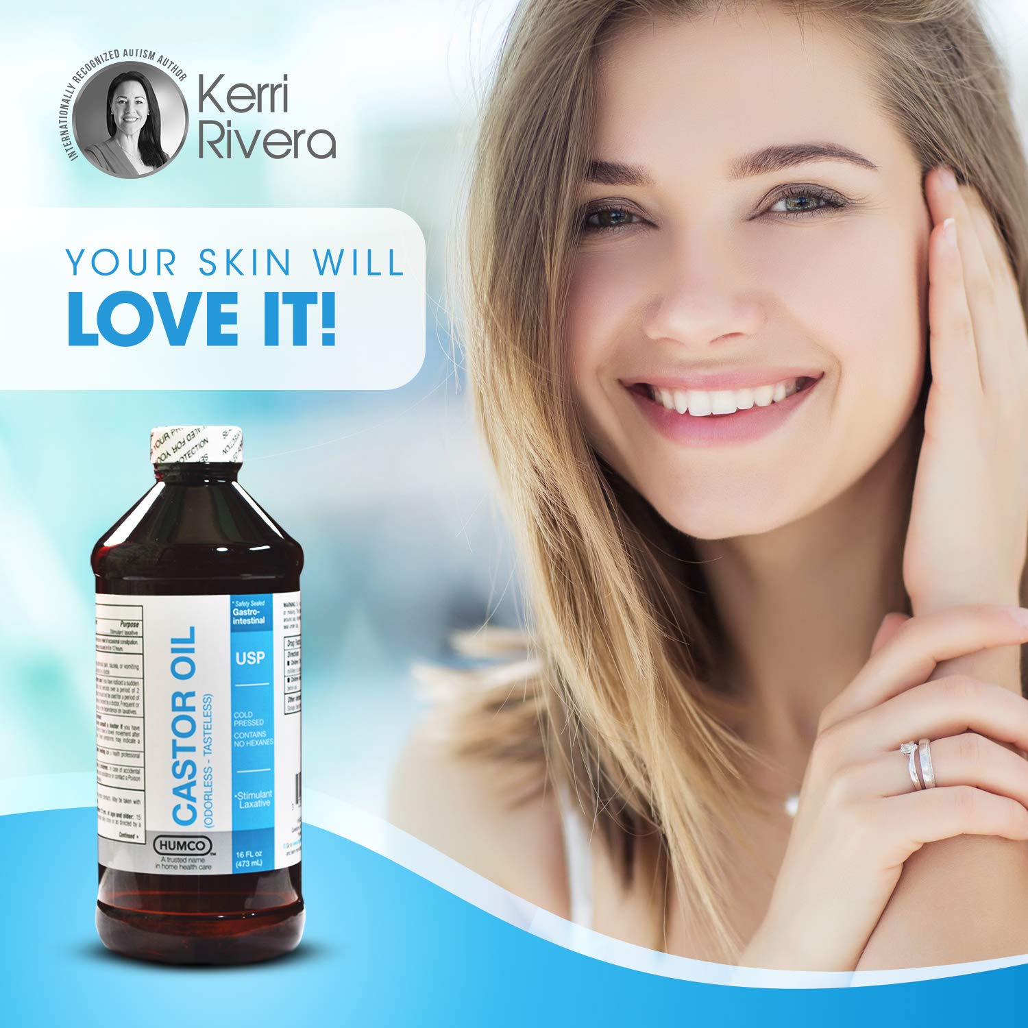 Humco Castor Oil top cap close-up emphasizes tasteless, odorless formula for gentle use.