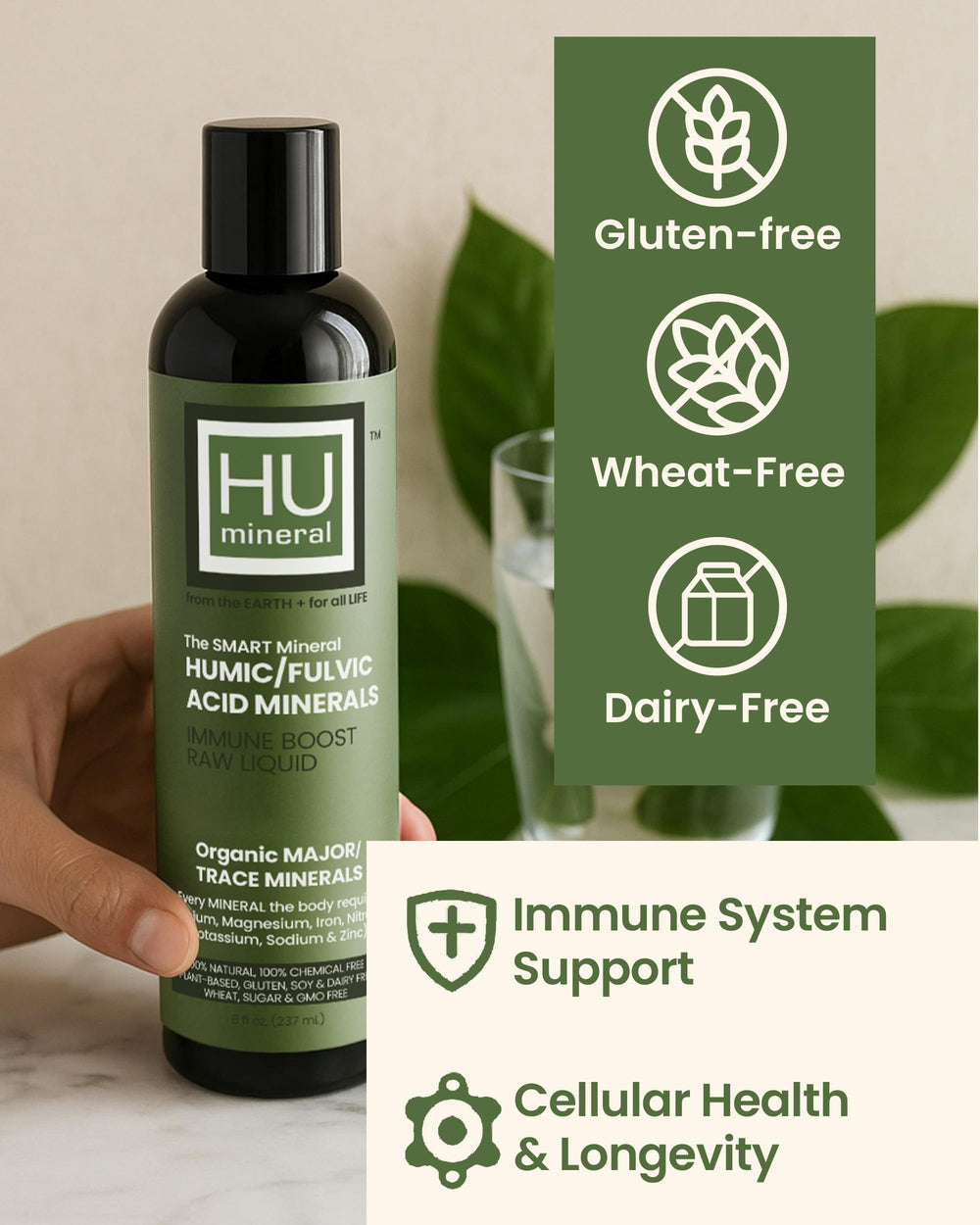 Glass of water with Humineral for daily vitality and focus