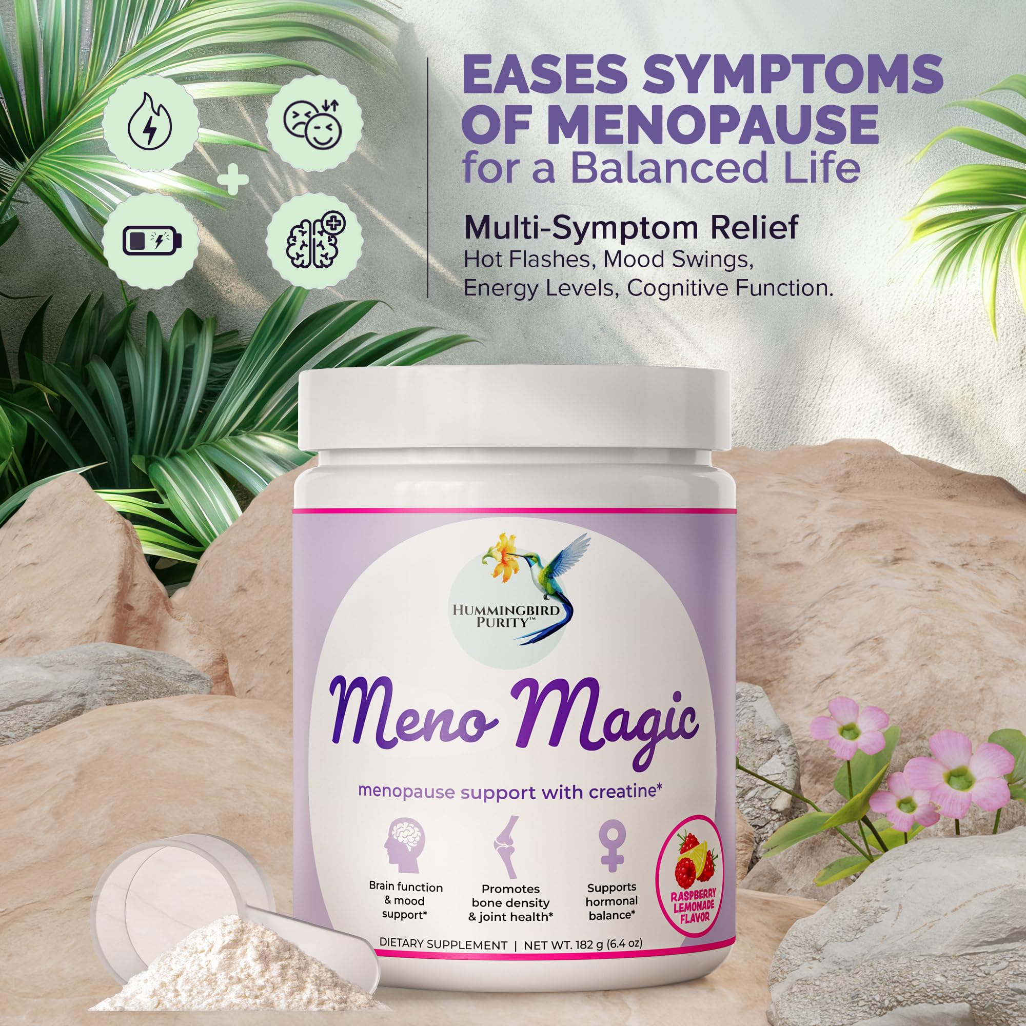 Hummingbird Purity Meno Magic bottle showing vitamin D3 and magnesium for sleep support