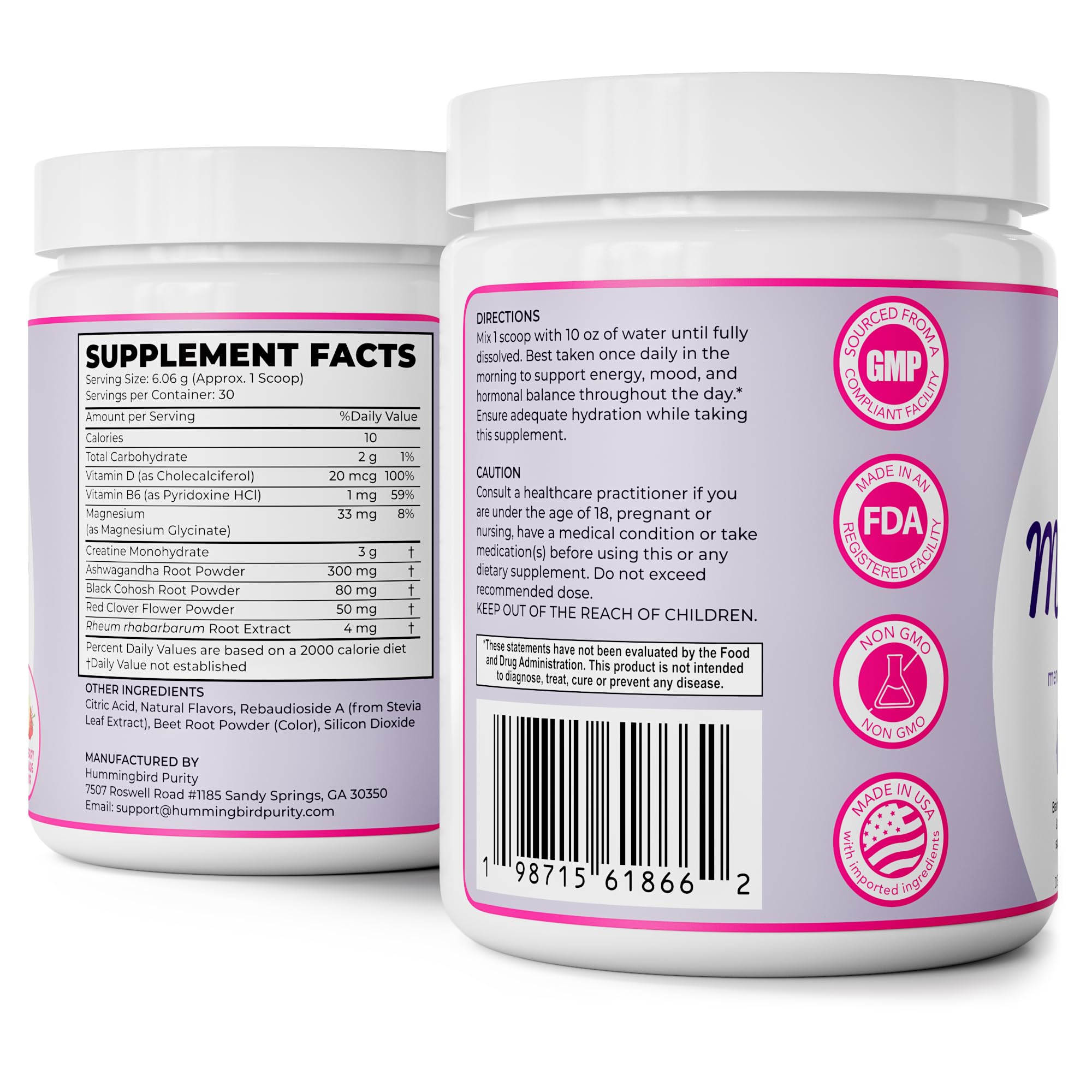 Hummingbird Purity Meno Magic creatine-scoop close-up highlighting energy and strength support