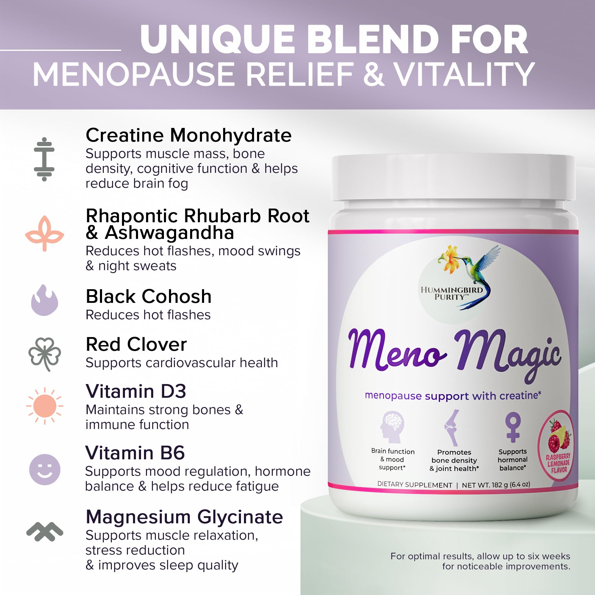 Hummingbird Purity Meno Magic daily-serve scoop beside glass for refreshing menopause routine