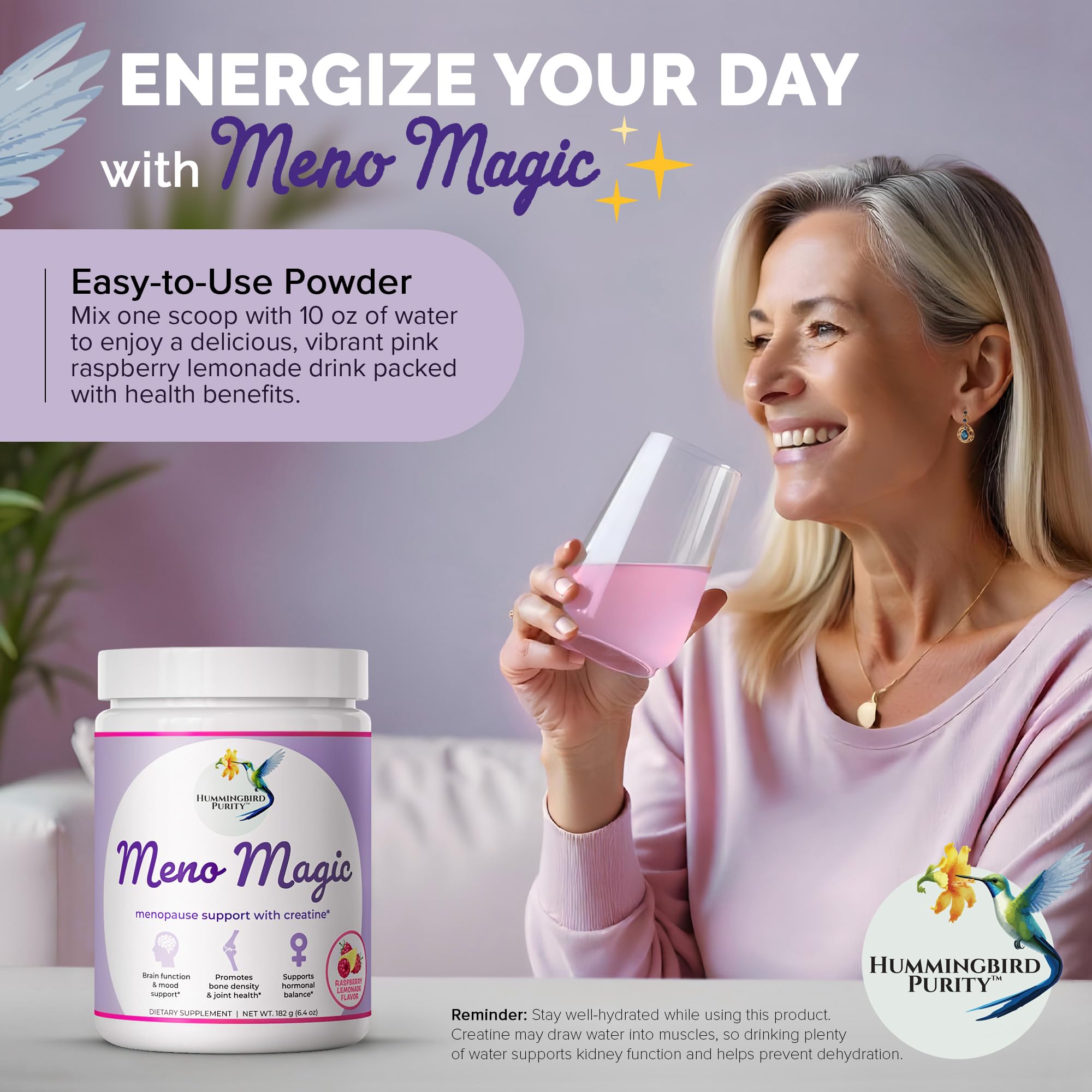 Hummingbird Purity Meno Magic powder stirred into water for a ready-to-drink moment