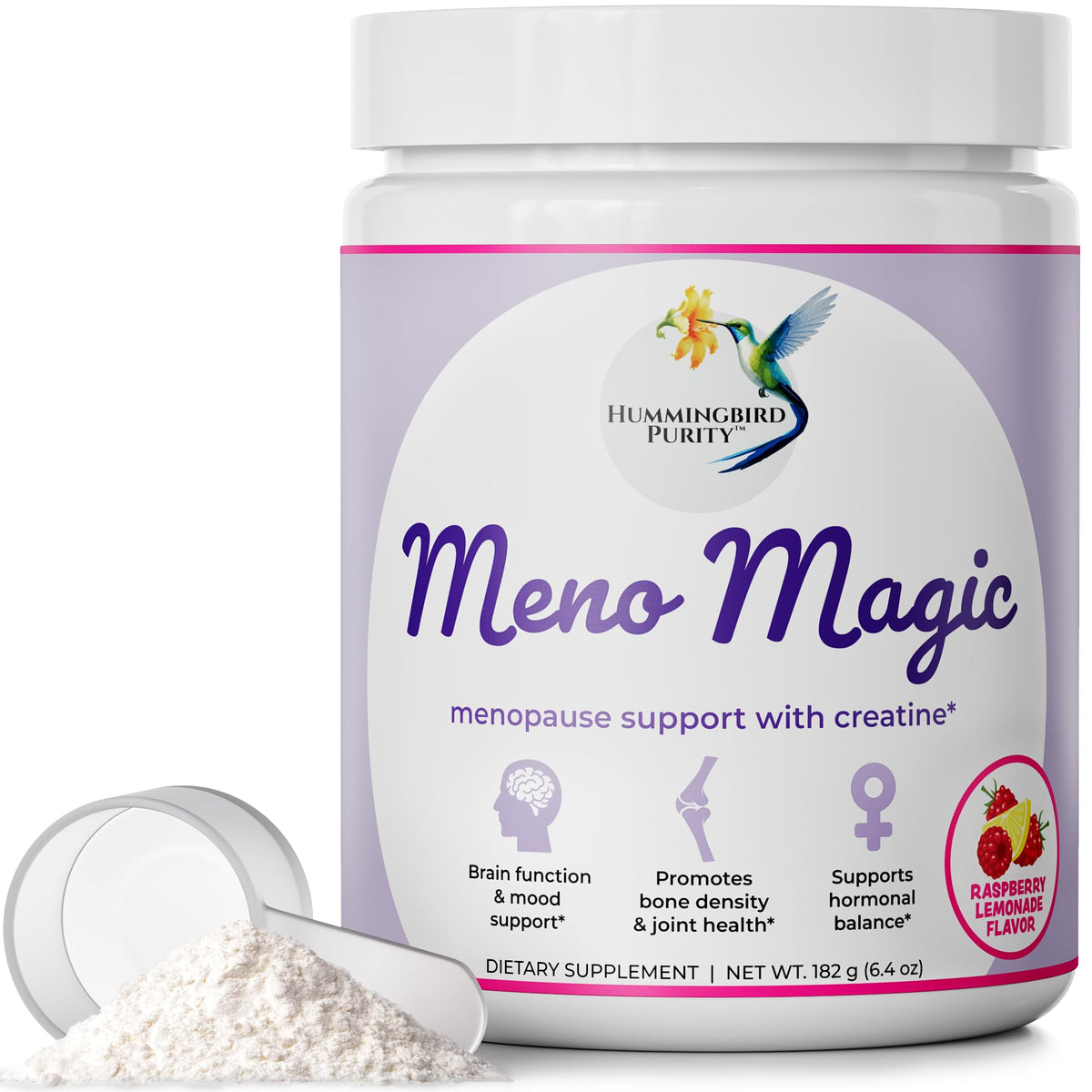 Hummingbird Purity Meno Magic raspberry-lemonade powder ready to mix for daily menopause support