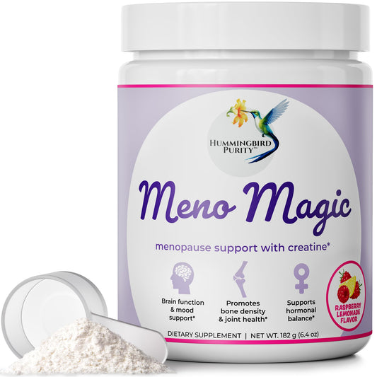 Hummingbird Purity Meno Magic raspberry-lemonade powder ready to mix for daily menopause support