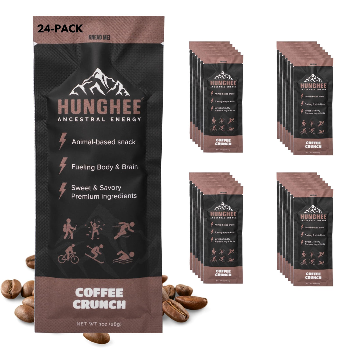 Hunghee Ancestral Energy Coffee Crunch Pack on shelf for on-the-go energy.