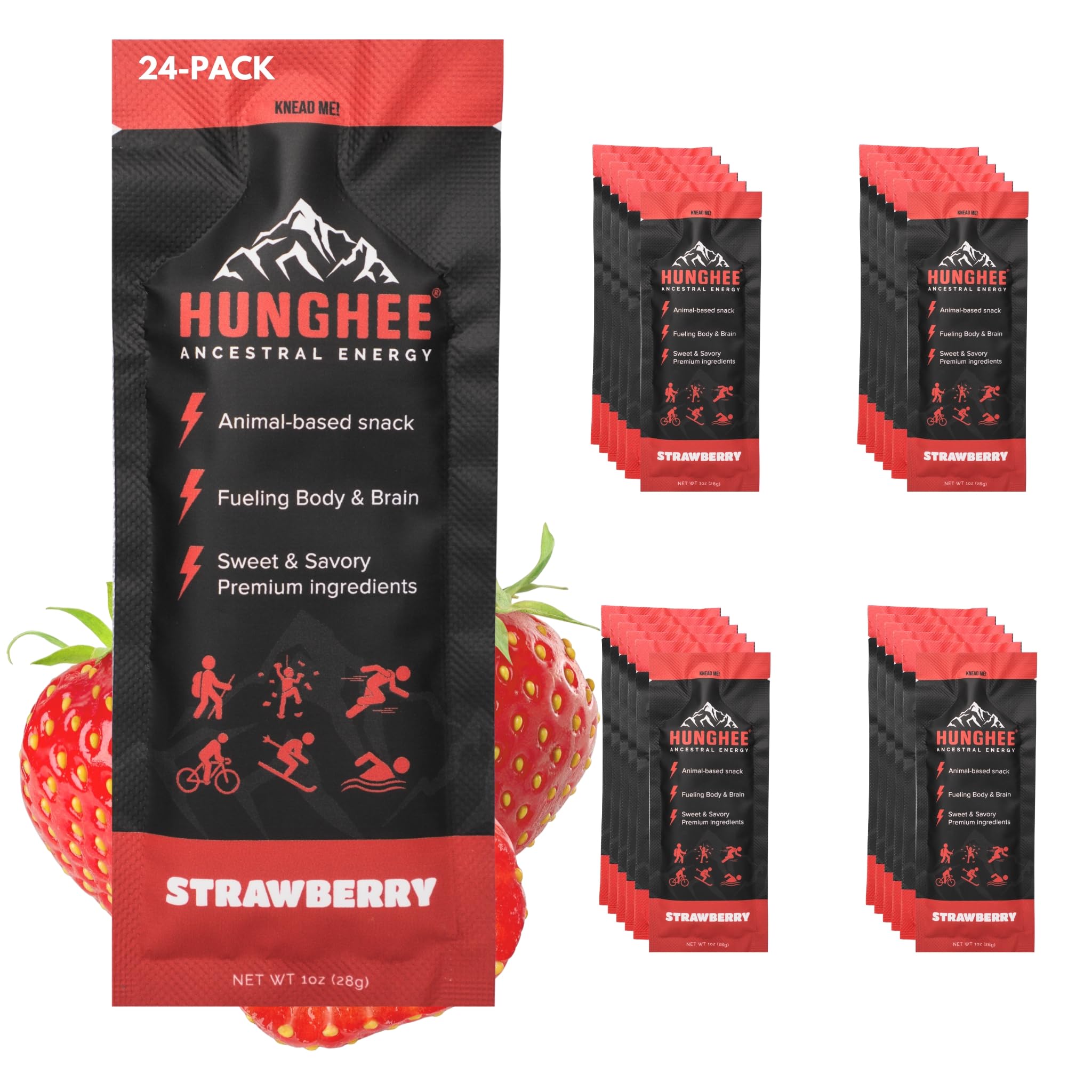 Hunghee Ancestral Energy strawberry bottle on counter for convenient athlete fuel.
