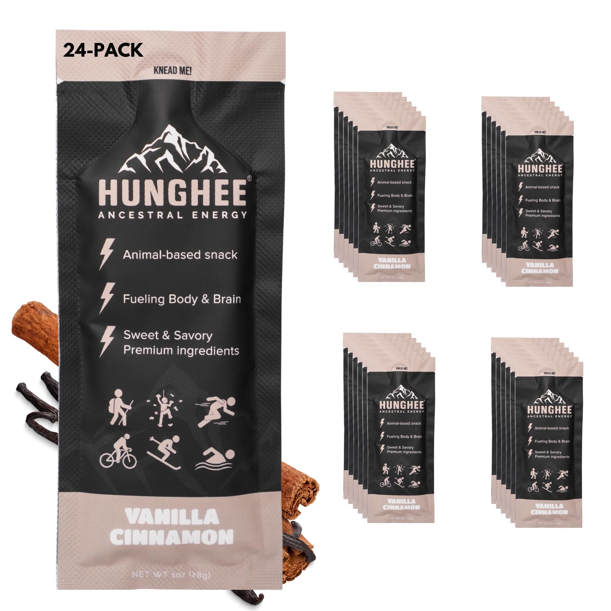 Hunghee vanilla cinnamon pack front view for portable athletic fuel