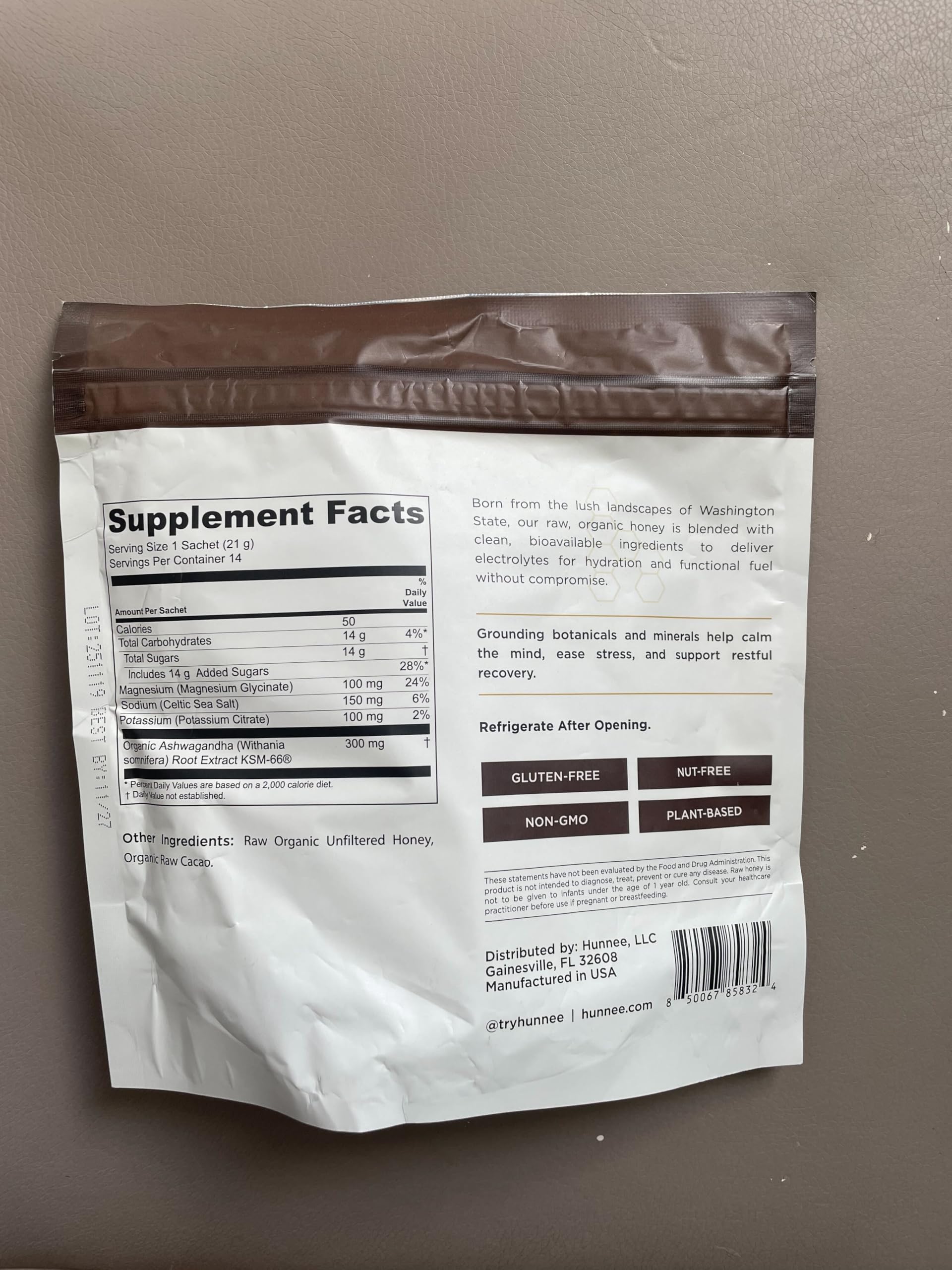 Label close-up showing ashwagandha and cacao ingredients.