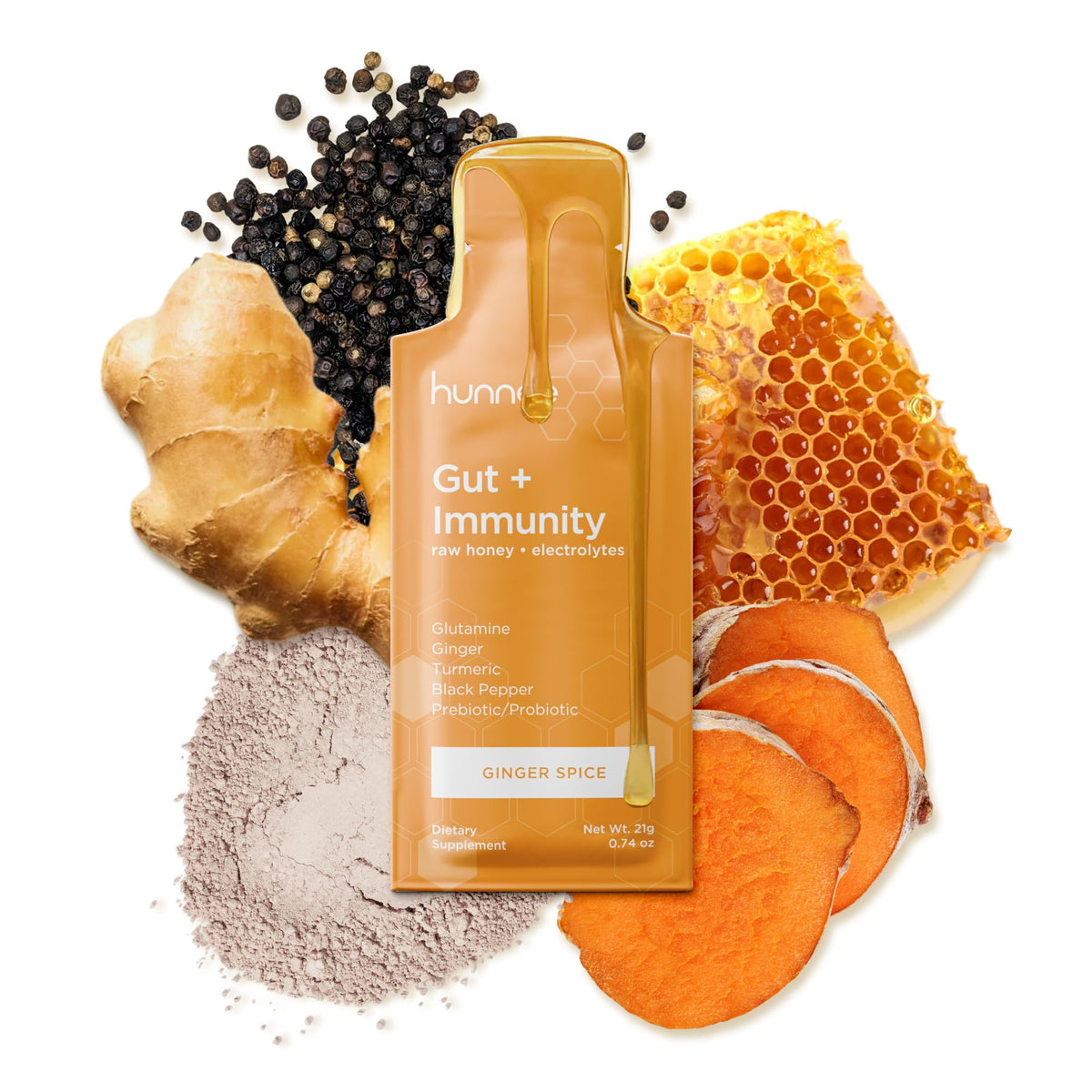 Hunnee H Gut + Immunity bottle and label signals probiotic energy for athletes.