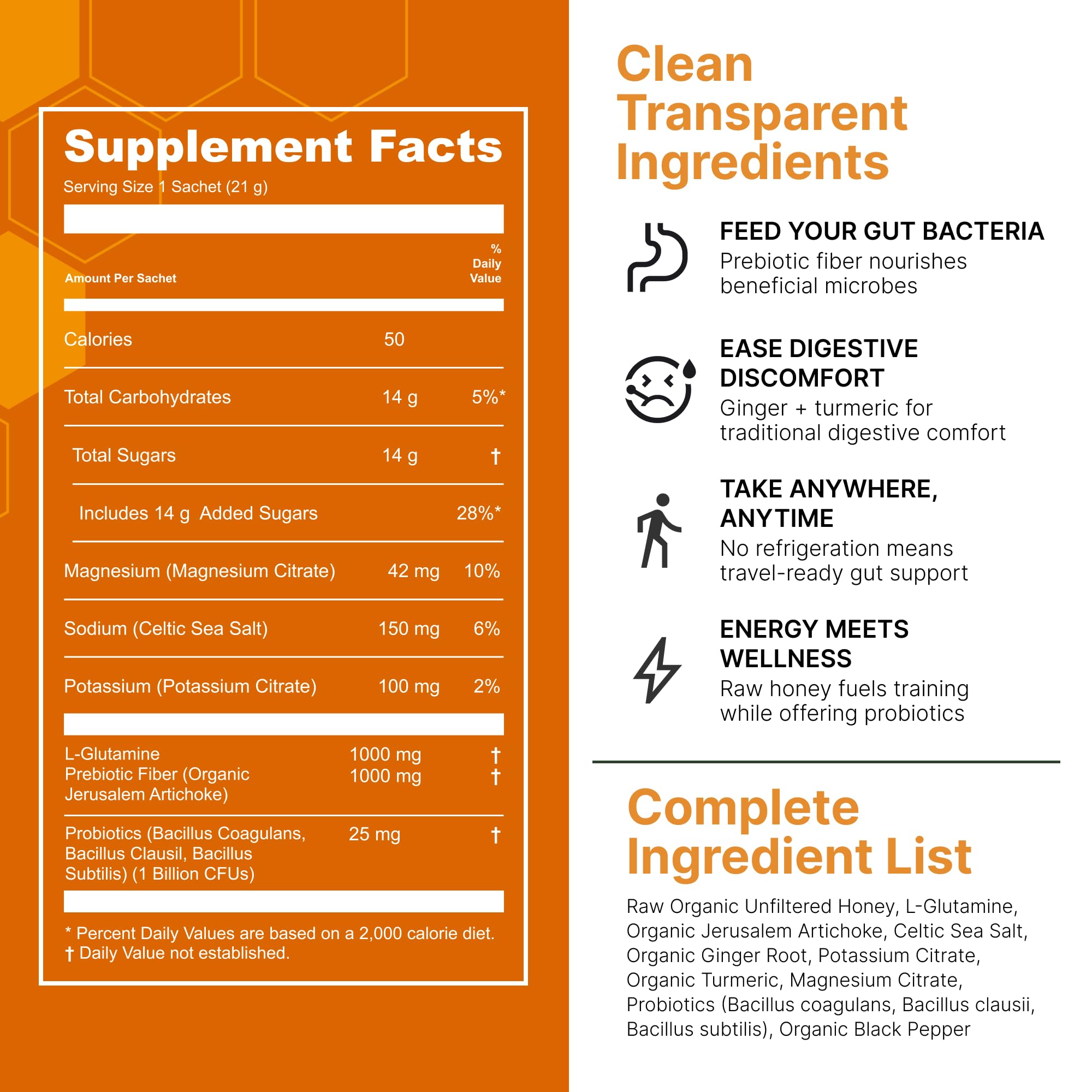 Hunnee H triple probiotic blend supports a healthy gut microbiome during training.
