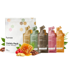 Hunnee H Variety Pack showing five formulas in portable gel sachets for on-the-go energy