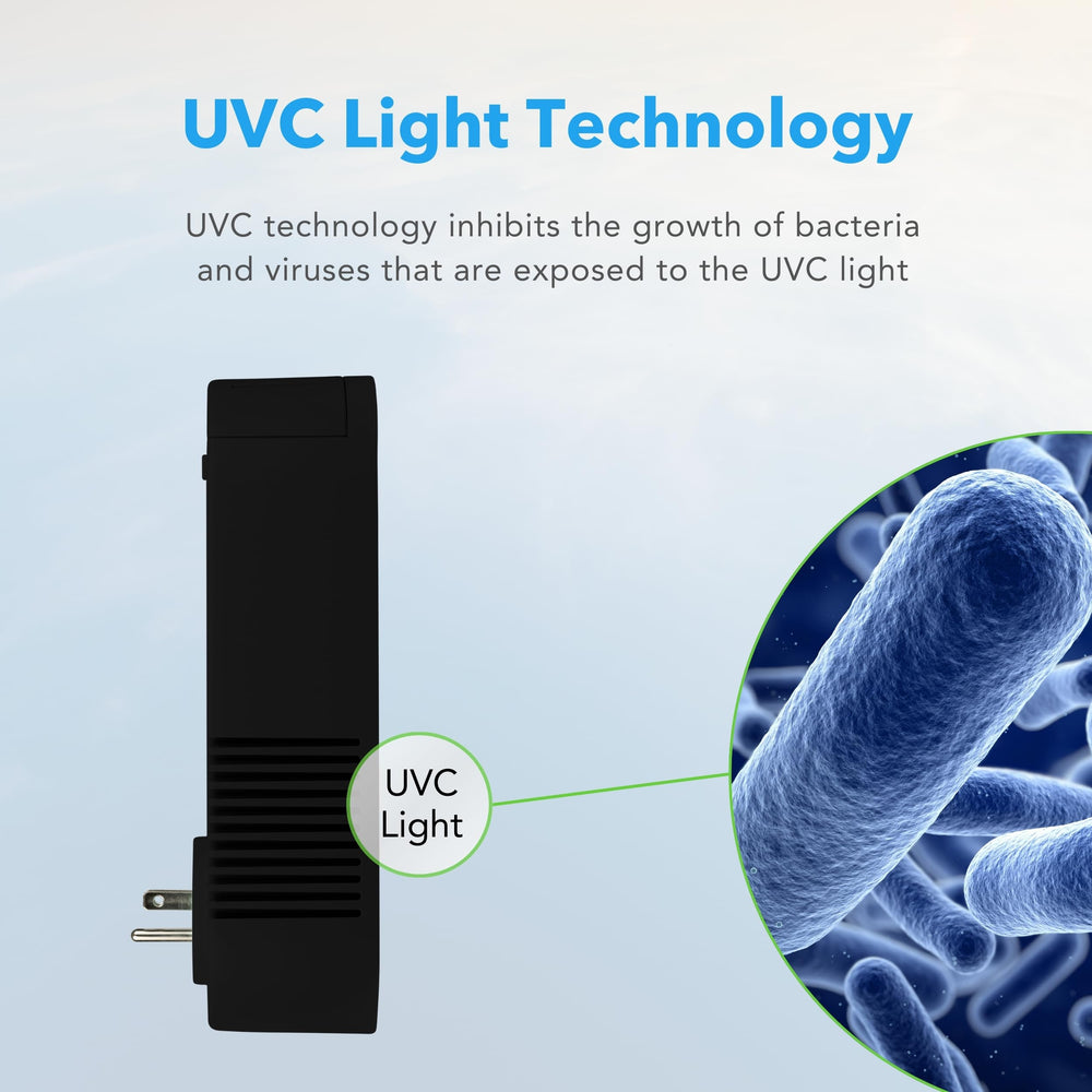Hunter Aqua UV air sanitizer plugged into outlet with minimal footprint