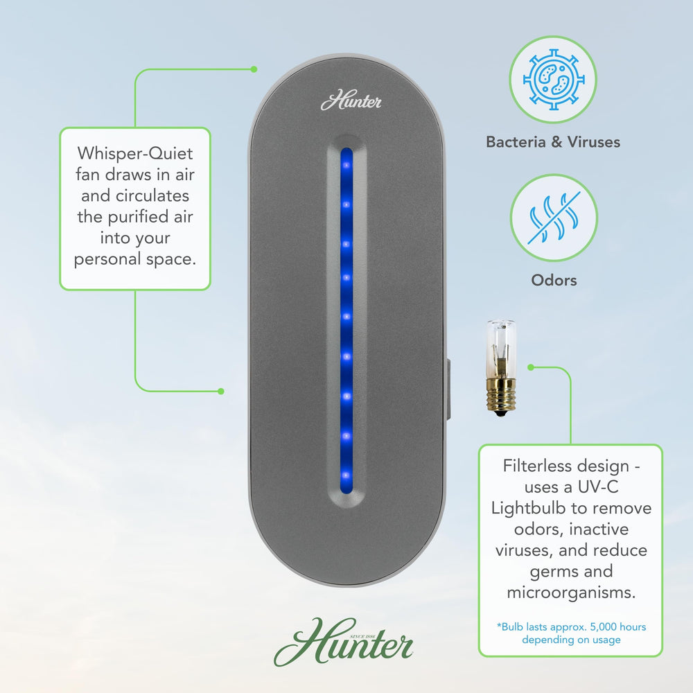 Hunter Aqua UV air sanitizer side view highlights slim profile for discreet placement