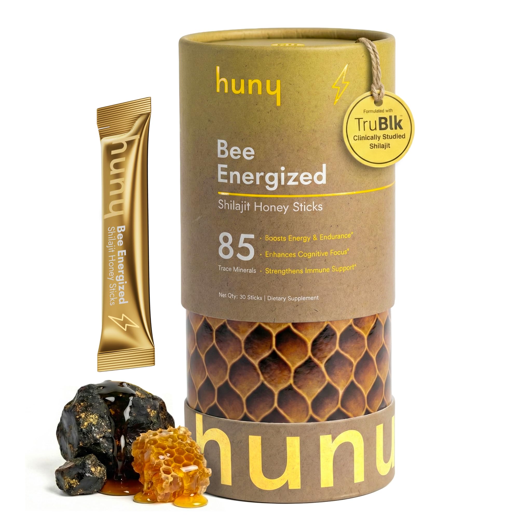 HUNY Bee Energized Shilajit Honey Sticks package for on-the-go energy