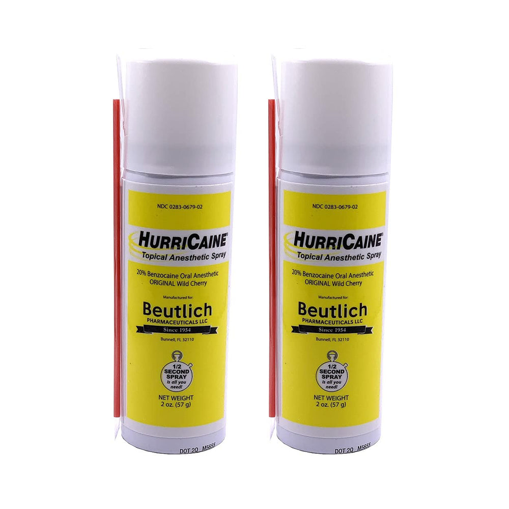 HurriCaine Wild Cherry topical anesthetic spray bottle front view for quick use.