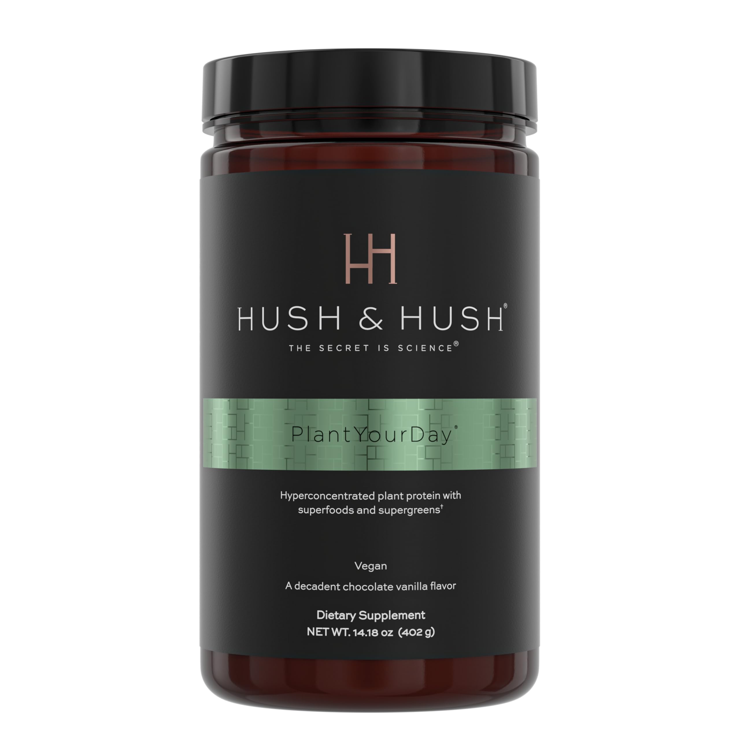 Hush & Hush PlantYourDay bottle pouring for daily greens boost.