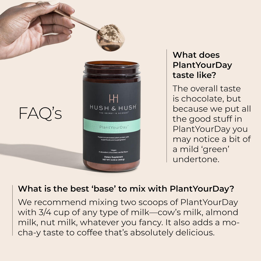 Hush & Hush PlantYourDay label closeup with ingredients and vitamins.