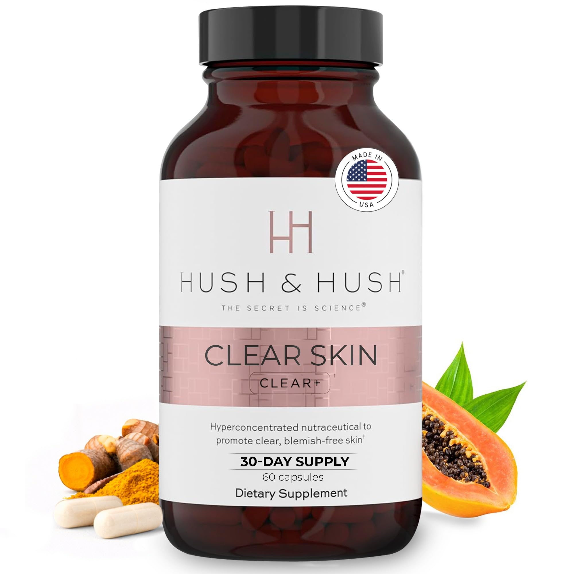 Hush & Hush Acne Supplements bottle front showcases sleek packaging for clear skin support.