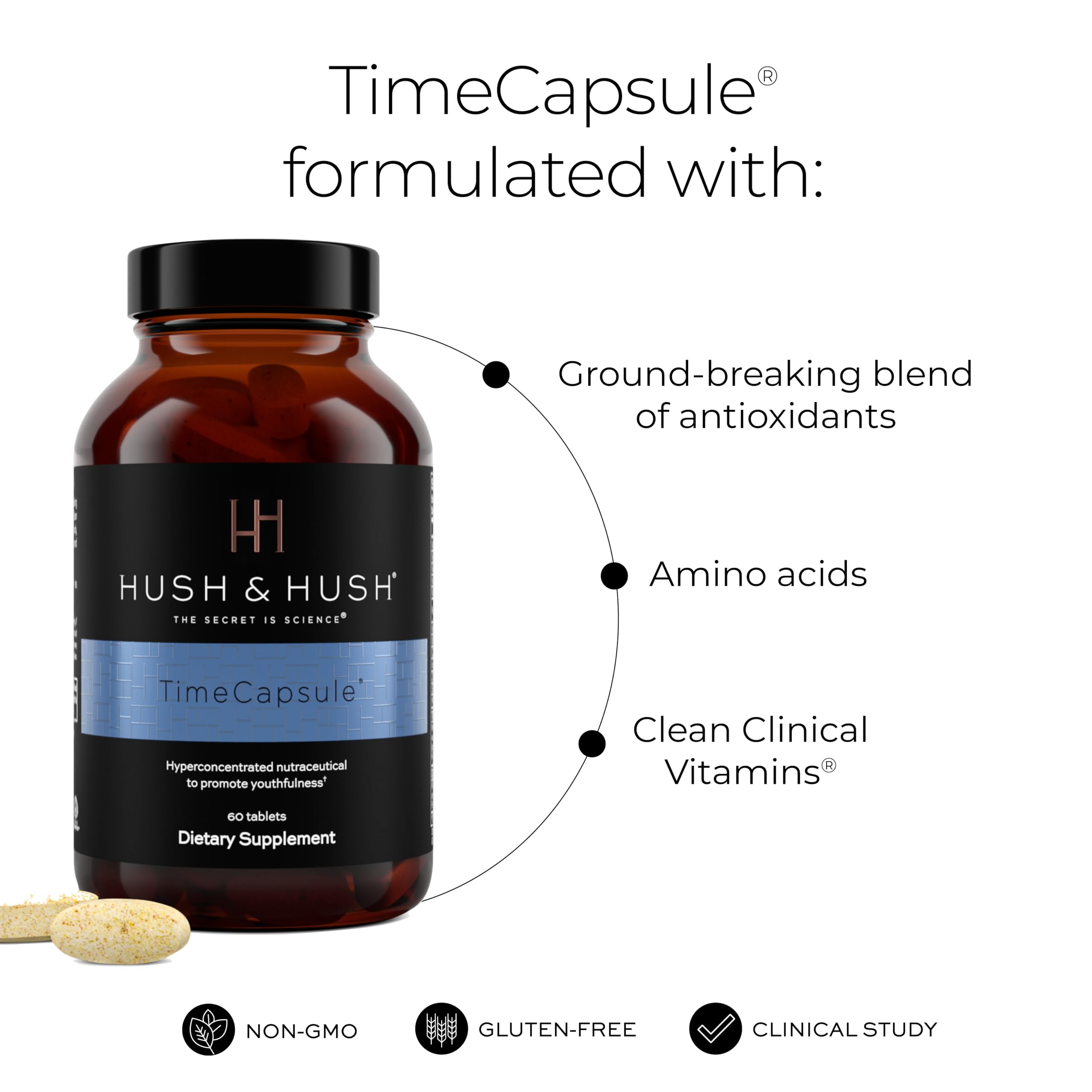 Hush & Hush bottle back highlights ingredient benefits for antioxidant protection