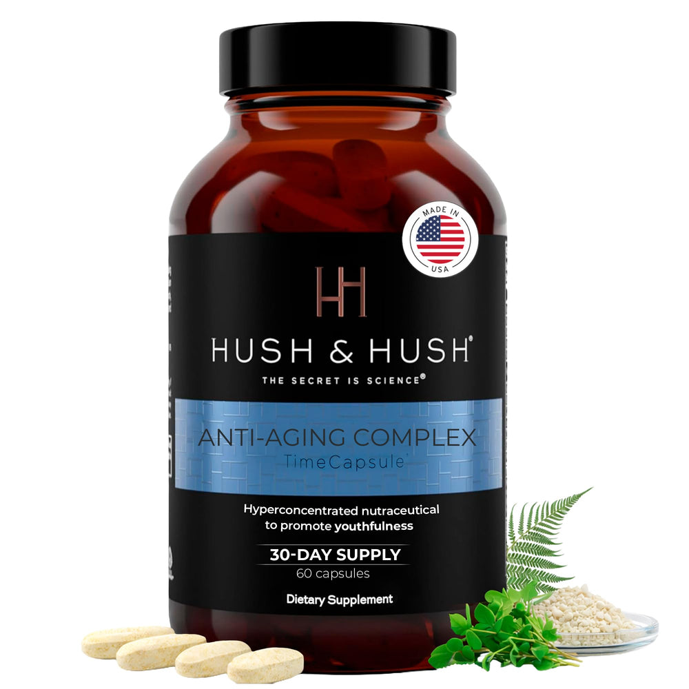 Hush & Hush anti-aging multivitamin bottle front promotes skin glow and vitality