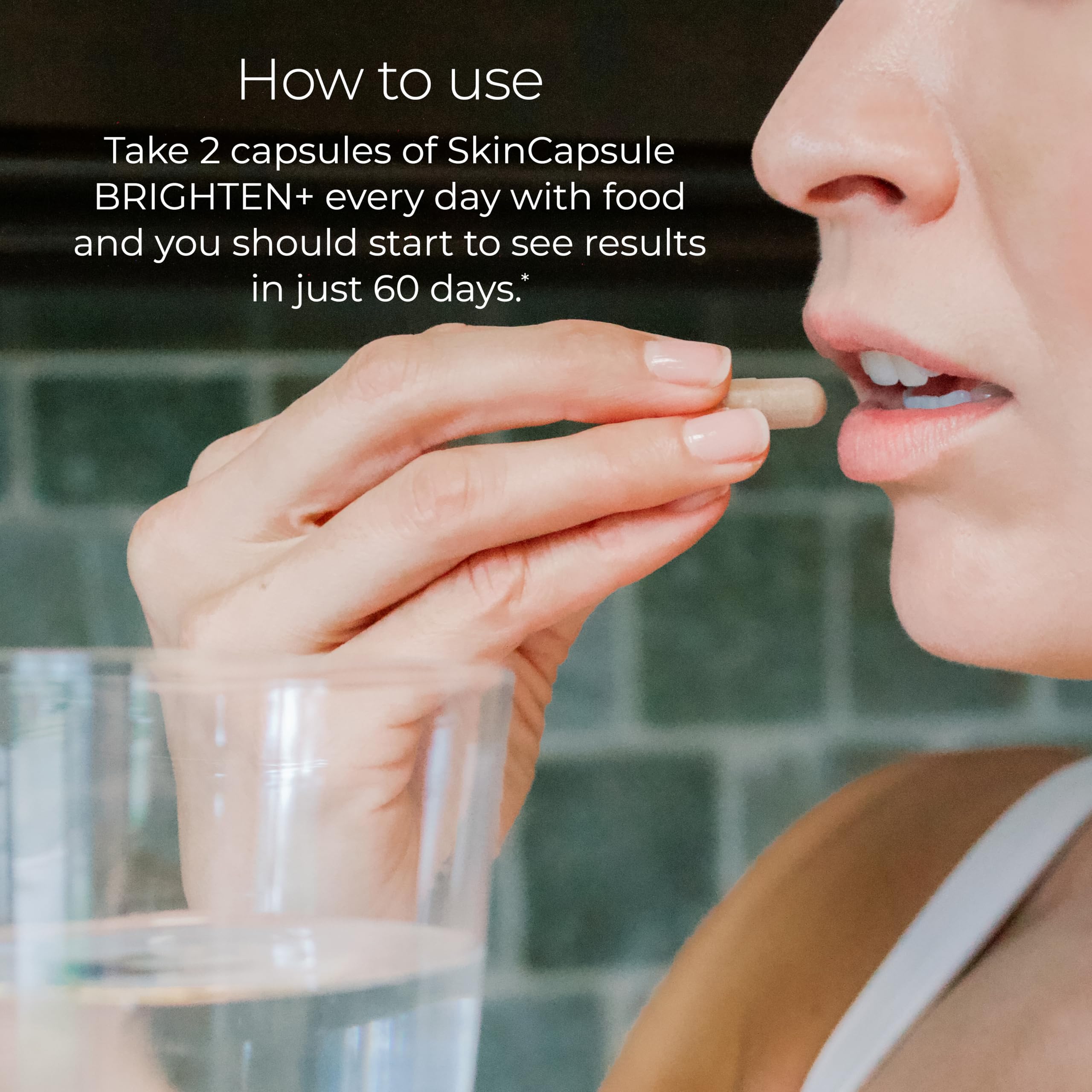 Hush & Hush Brighten capsule with glass of water for daily use