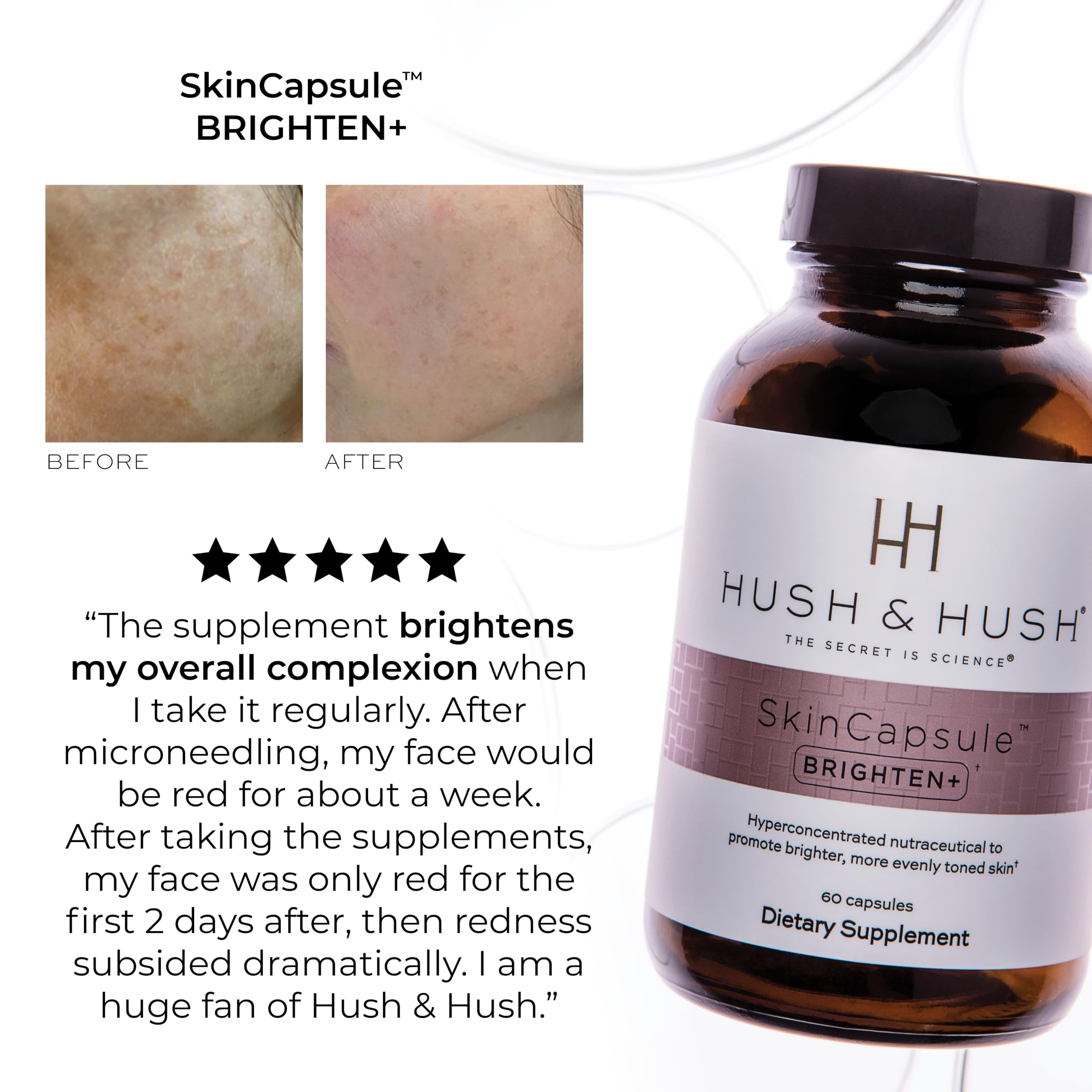 Hush & Hush Brighten label detail highlighting Saberry and Lutemax ingredients