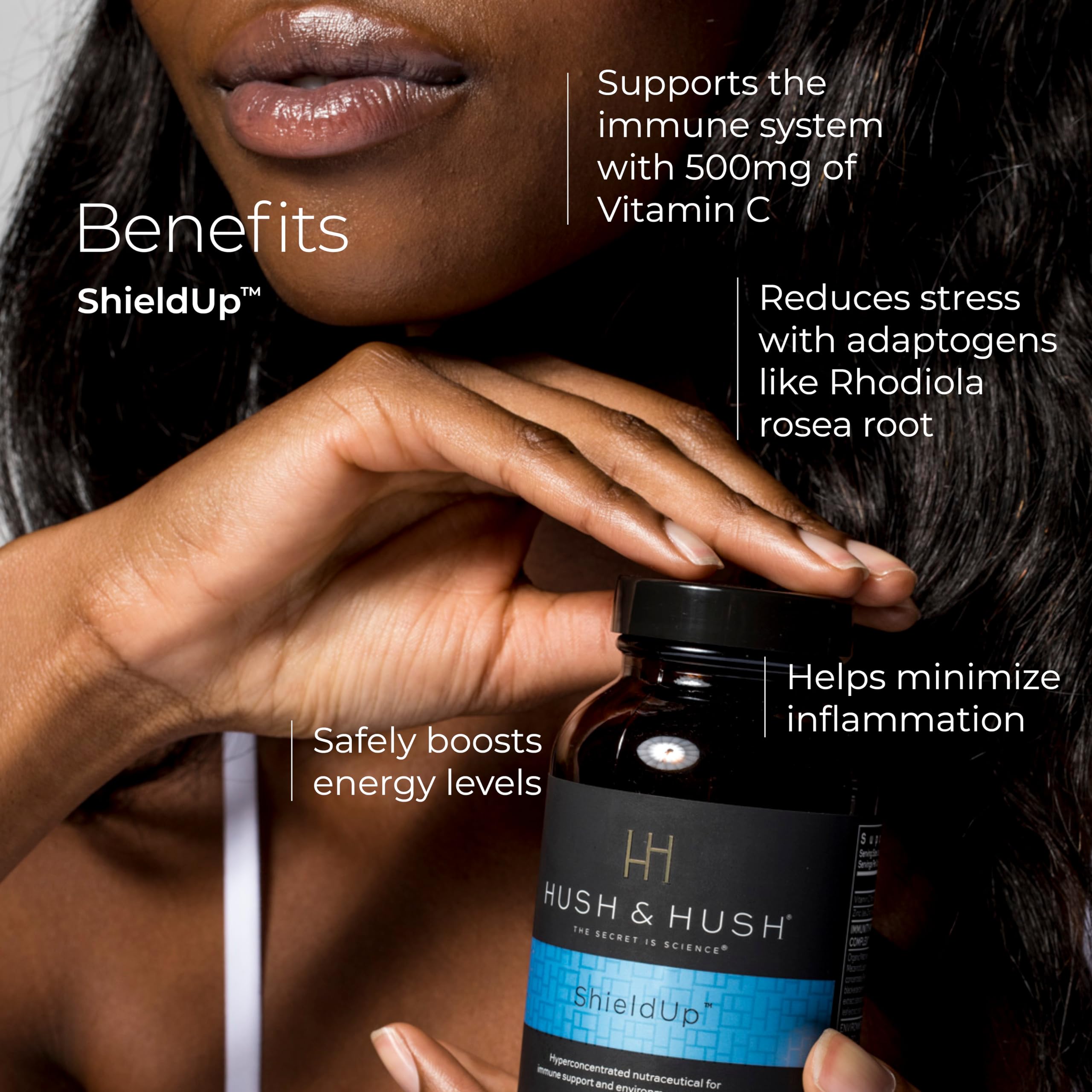 Hush & Hush ShieldUp label lists vitamin C and matcha for energy and immune support.