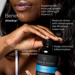Hush & Hush ShieldUp label lists vitamin C and matcha for energy and immune support.