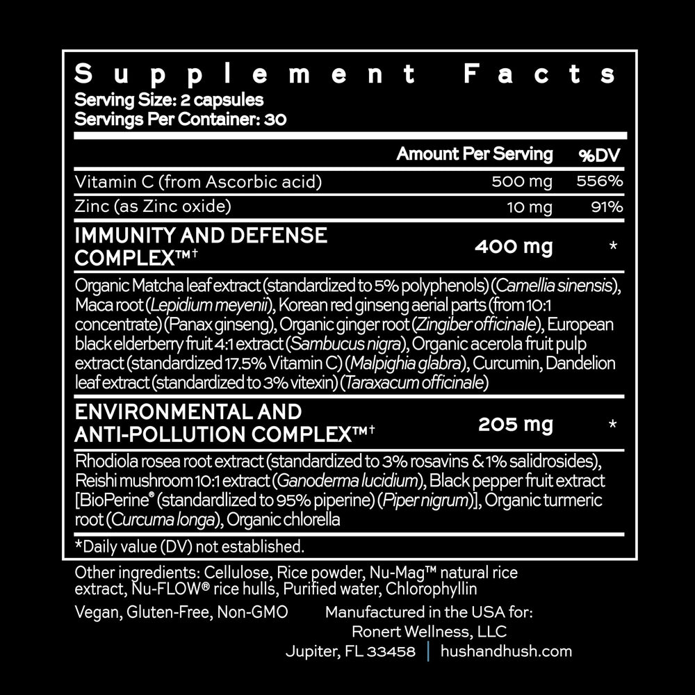 Hush & Hush ShieldUp maca root capsule for daytime energy support.