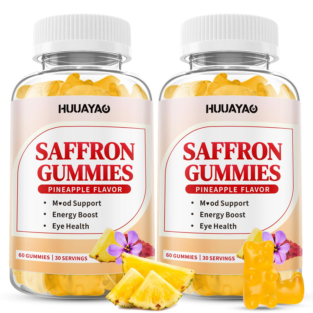 HUUAYAO 10-in-1 saffron gummies bottle with pineapple flavor for daily mood and energy support