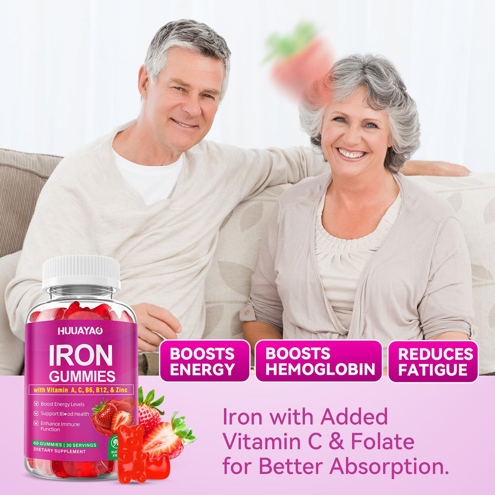 HUUAYAO Iron Gummies ingredients panel notes non-GMO and gluten-free.