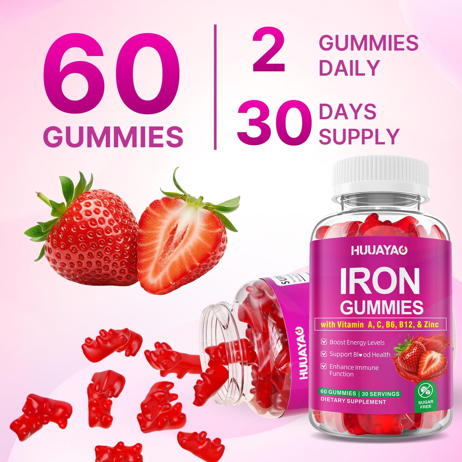 HUUAYAO Iron Gummies natural strawberry flavor shown on packaging.