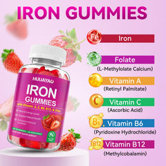 HUUAYAO Iron Gummies packaging view emphasizes vegan ingredients.