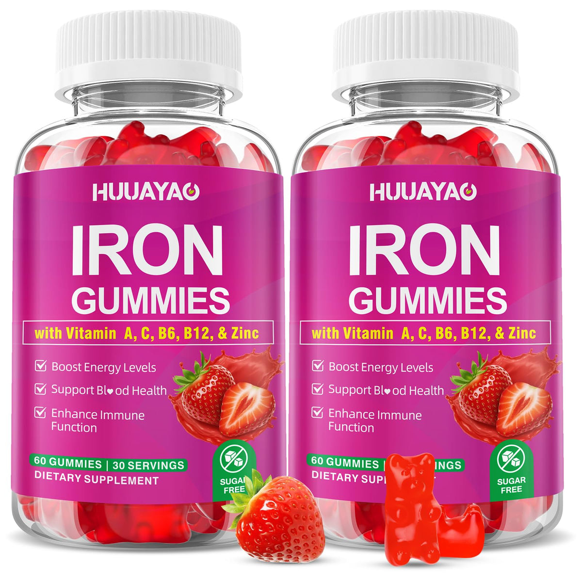 HUUAYAO Iron Gummies bottle label shows vegan iron support for energy.