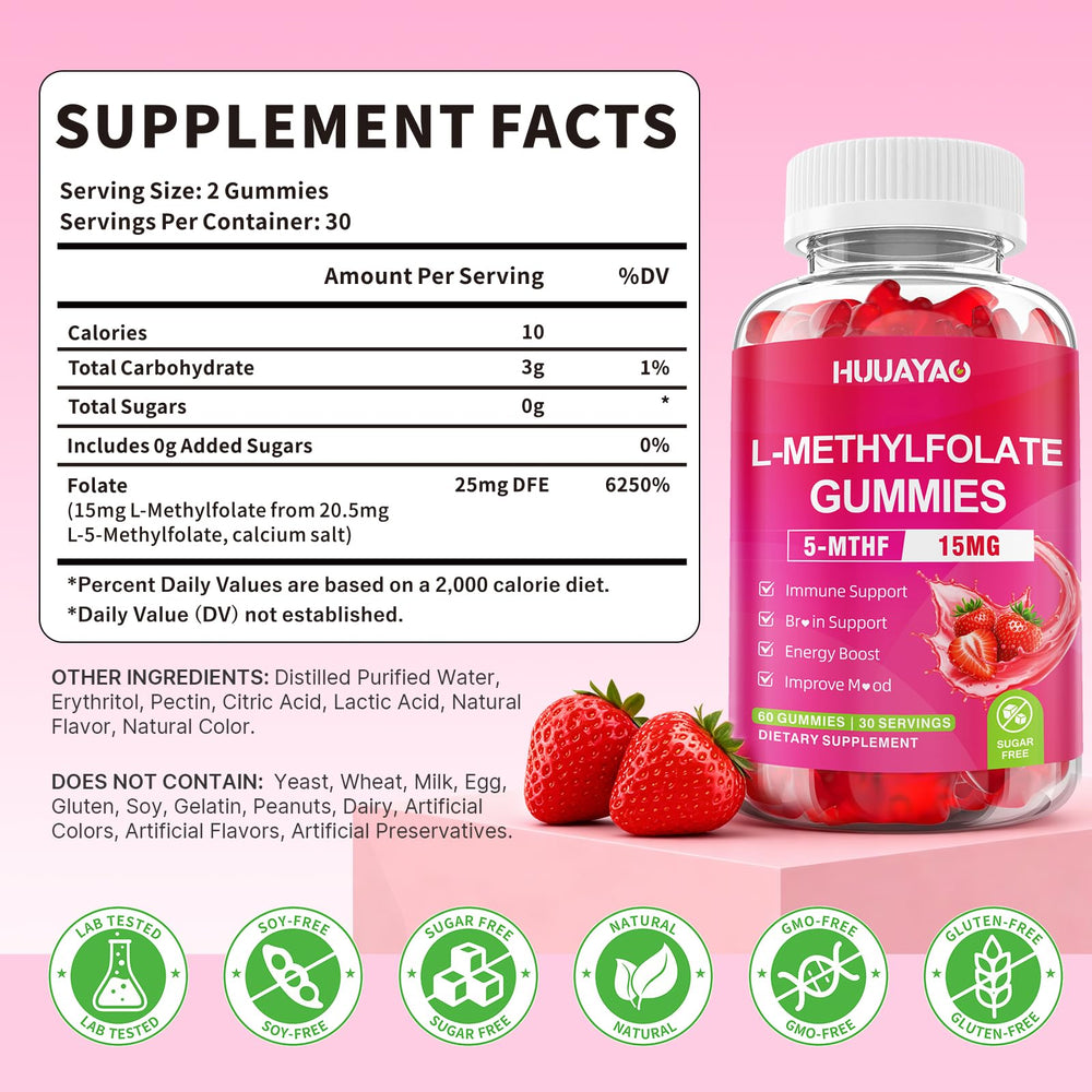 HUUAYAO gummies close-up shows strawberry texture for mood and focus support