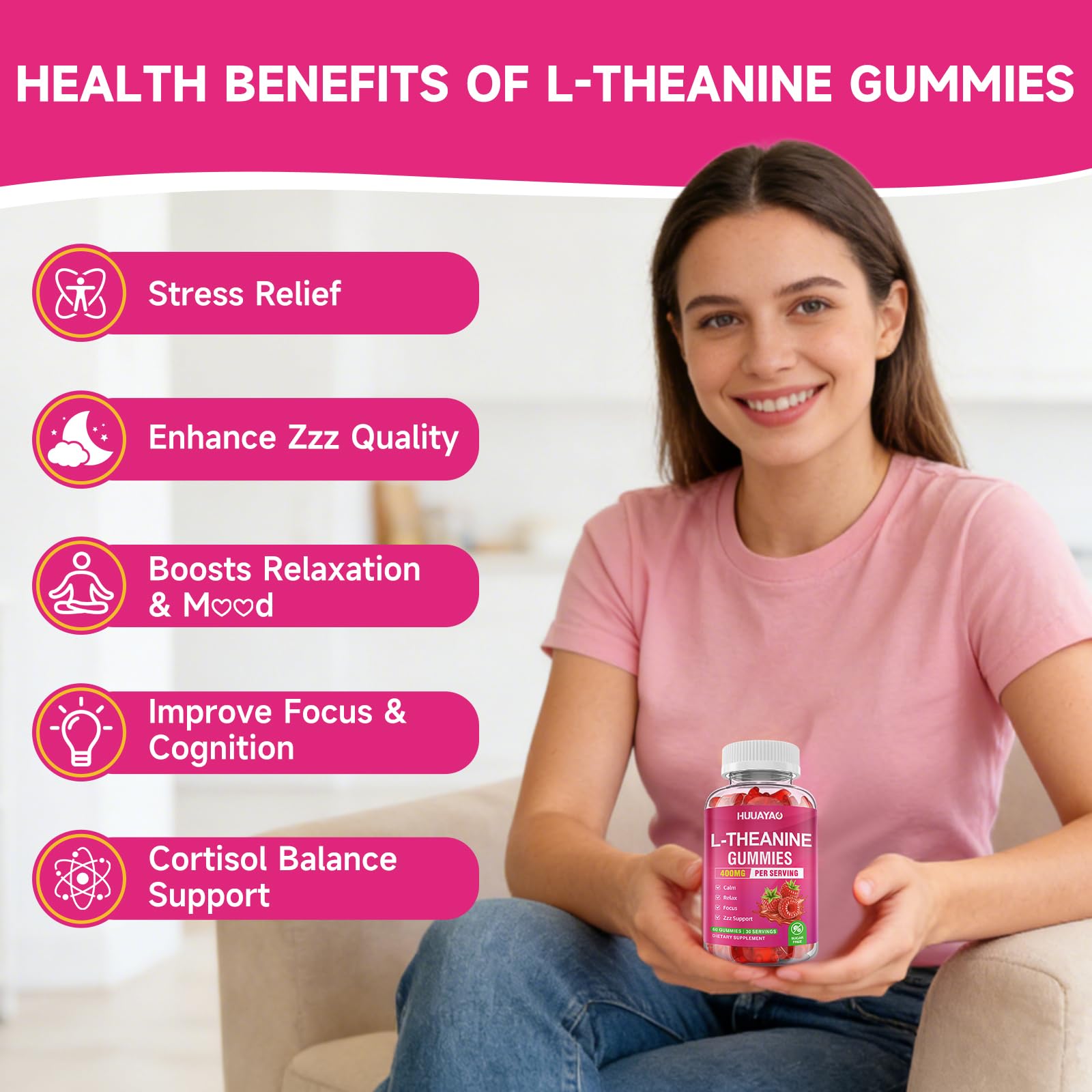 HUUAYAO L-Theanine Gummies ingredient label highlights natural, non-GMO components.