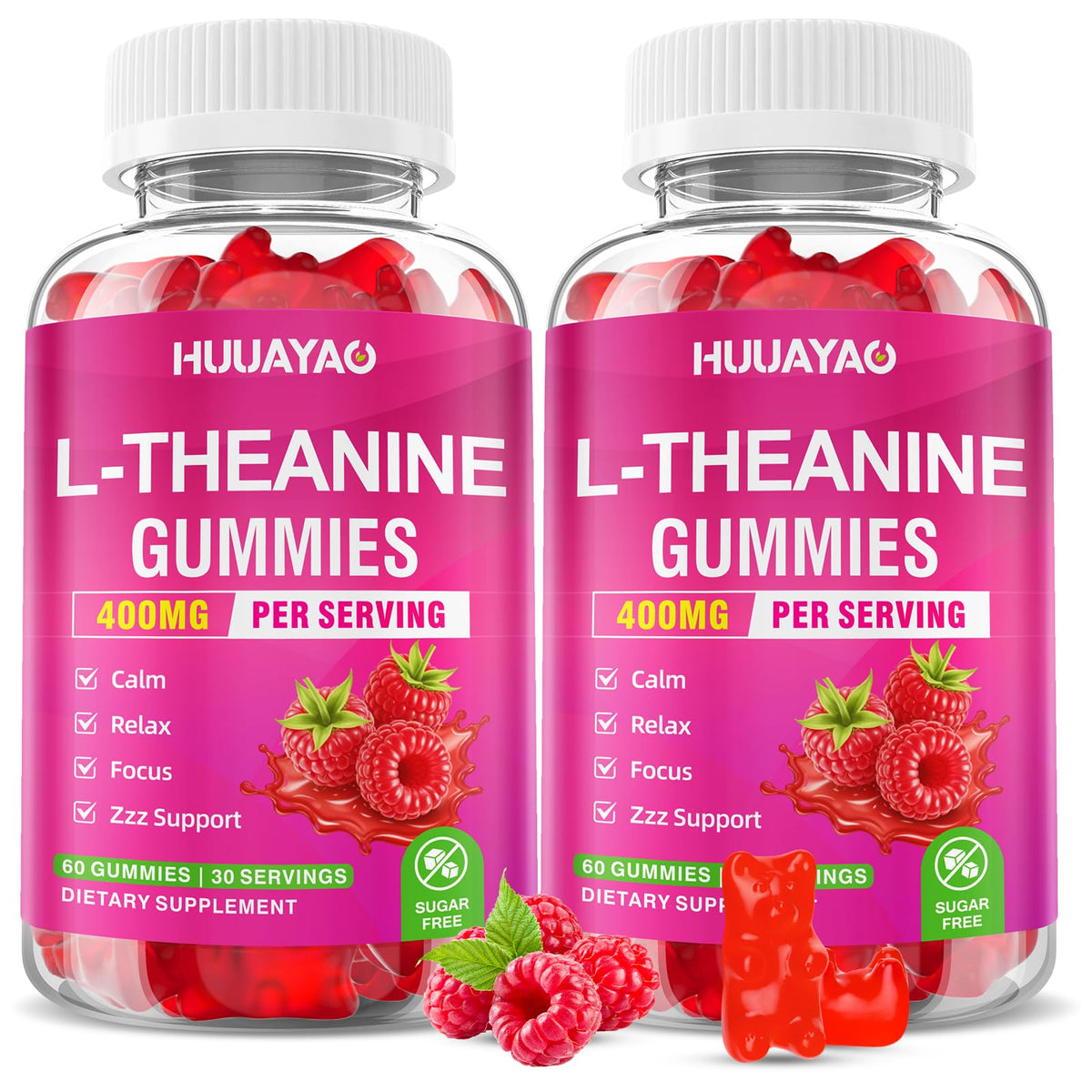 HUUAYAO L-Theanine Gummies raspberry bottle for calm and focus.