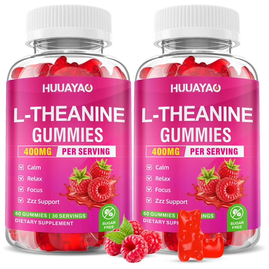 HUUAYAO L-Theanine Gummies raspberry bottle for calm and focus.