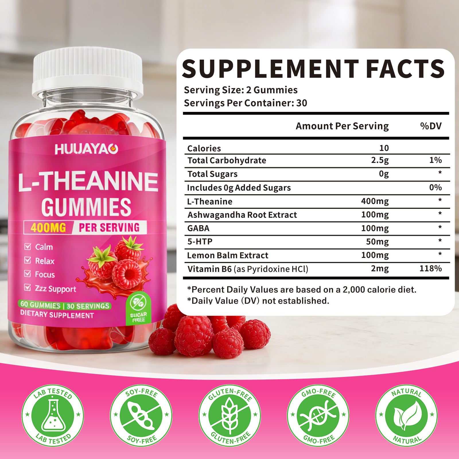 HUUAYAO L-Theanine Gummies texture closeup shows soft, easy-to-chew gummies.
