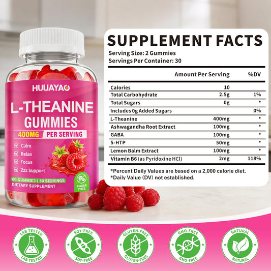 HUUAYAO L-Theanine Gummies texture closeup shows soft, easy-to-chew gummies.