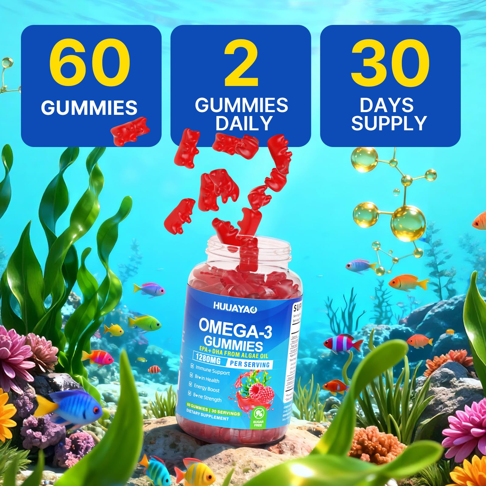 HUUAYAO bottle label emphasizing DHA and EPA content for vision support.