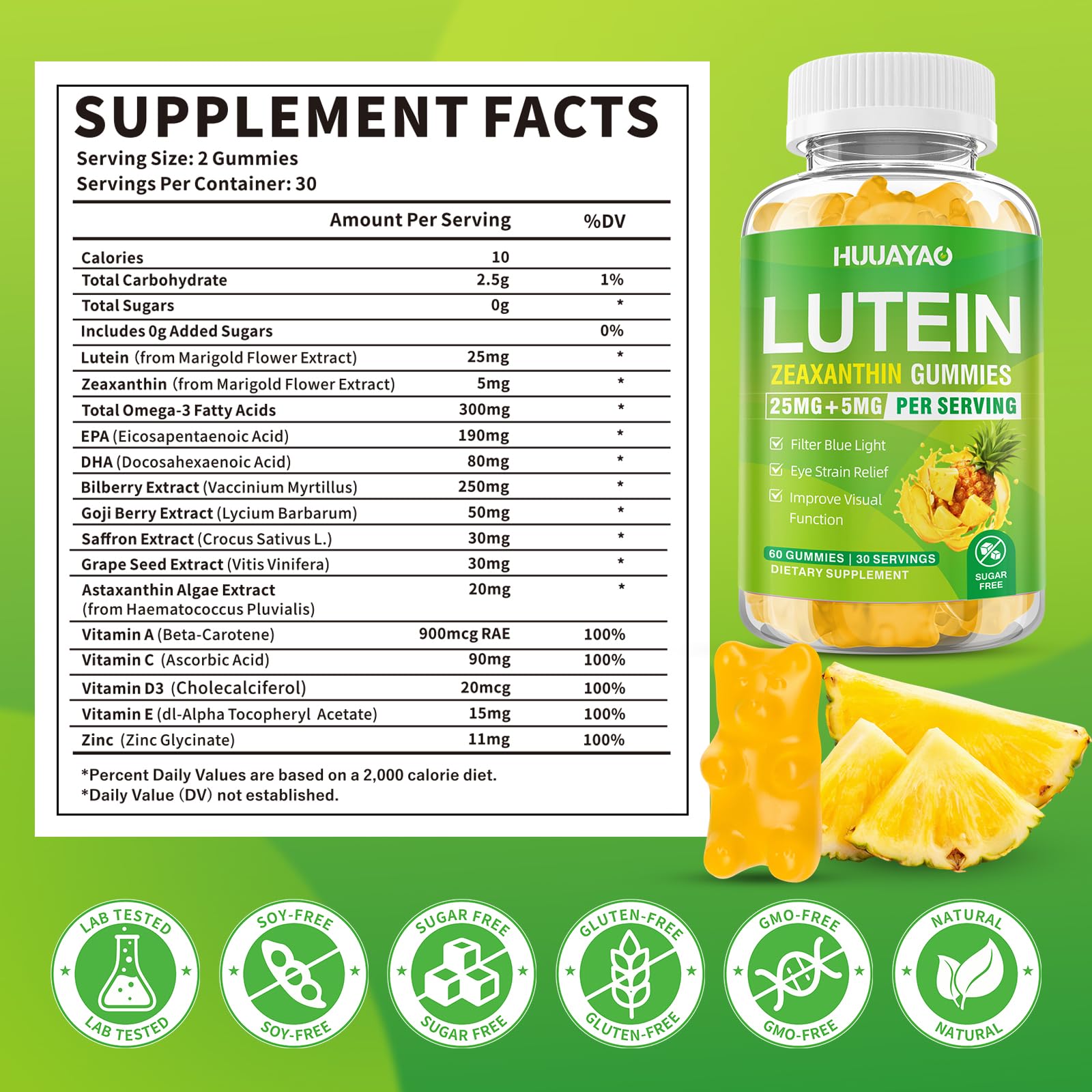 HUUAYAO Lutein Gummies closeup highlights chewy gummies.