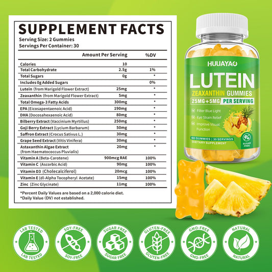 HUUAYAO Lutein Gummies closeup highlights chewy gummies.