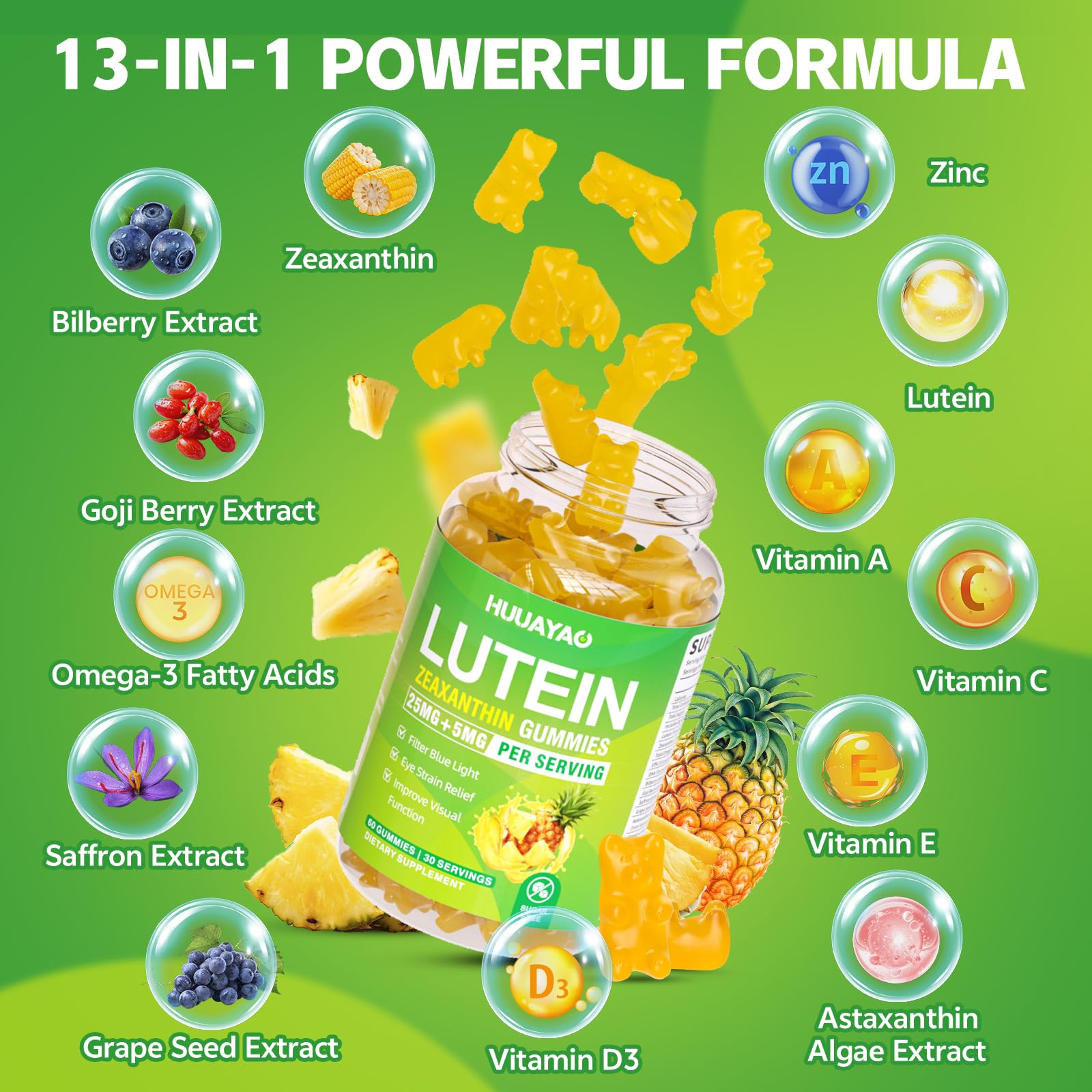 HUUAYAO Lutein Gummies pineapple flavor bottle view.