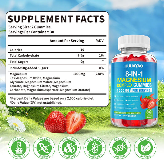 HUUAYAO Magnesium Complex Gummies close-up showing strawberry flavor for easy daily use