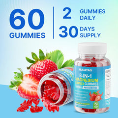 HUUAYAO Magnesium Complex Gummies close-up highlighting strawberry flavor and sugar-free formula