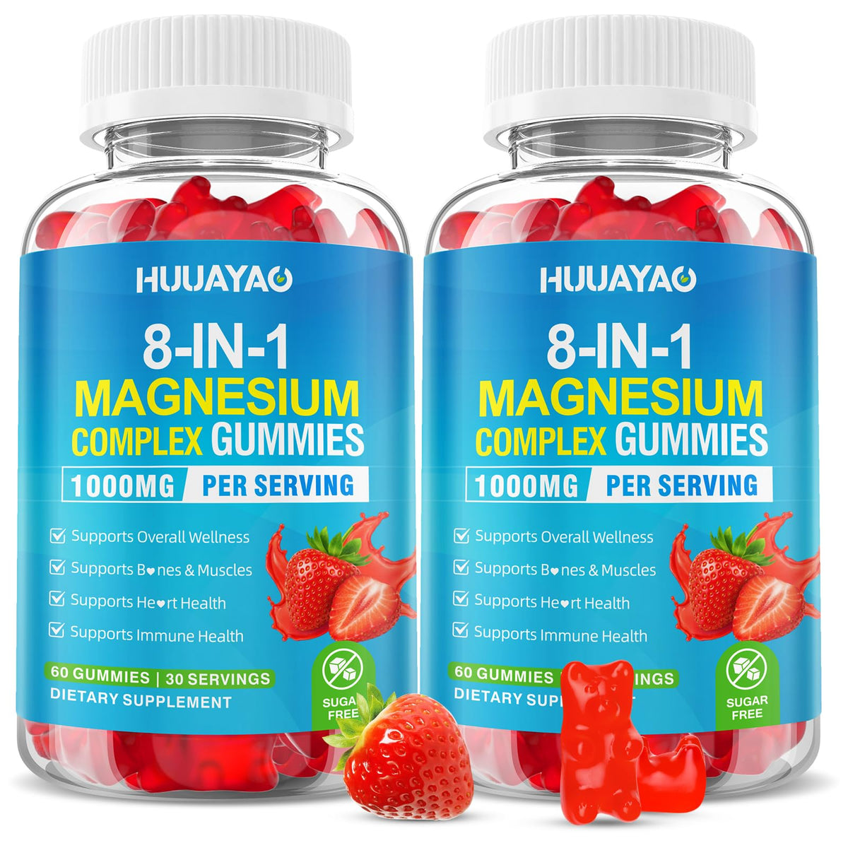 HUUAYAO Magnesium Complex Gummies bottle with strawberry flavor for daily energy support