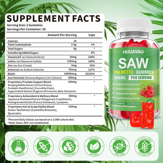 HUUAYAO Saw Palmetto Gummies raspberry flavor pack for tasty daily intake.