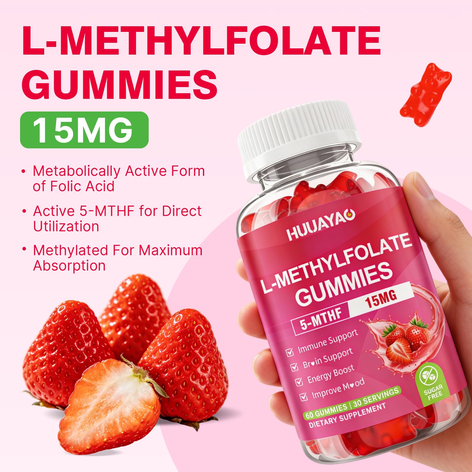 HUUAYAO strawberry-flavored gummies bottle highlights sugar-free daily convenience